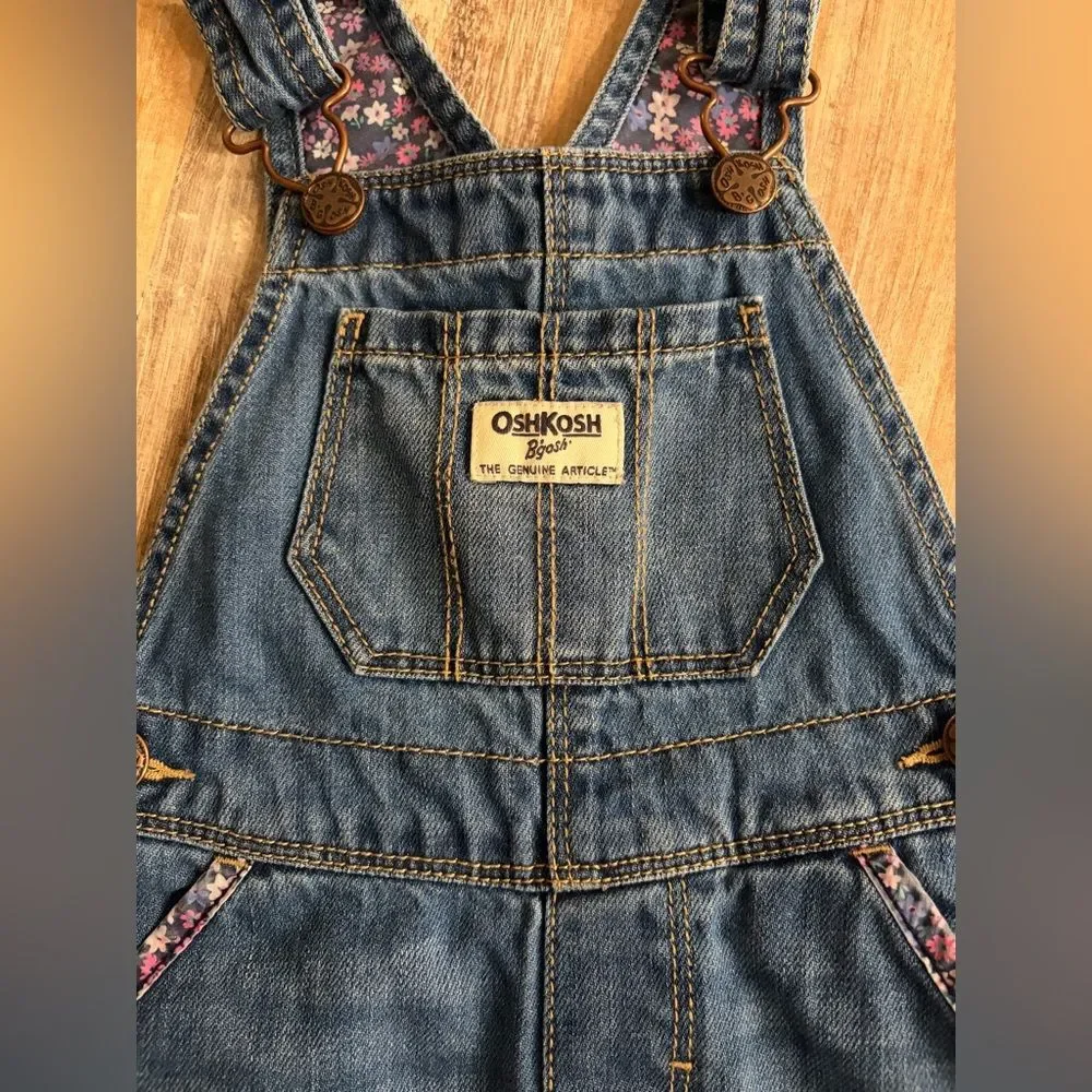 OshKosh B'gosh Blue Denim Overalls with Floral Trim, Size 2T